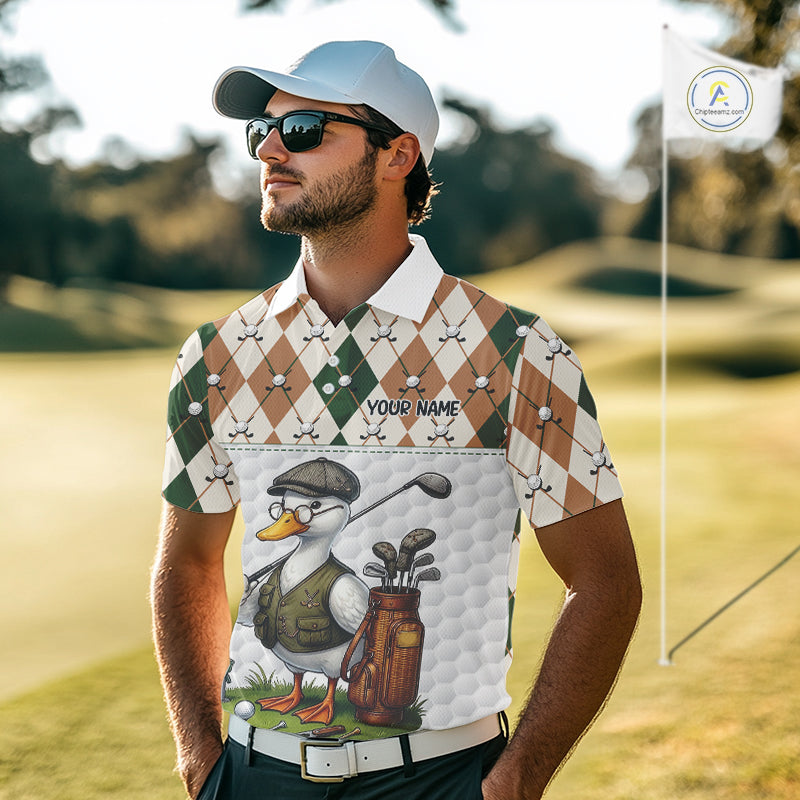 Funny Cool Duck Golf Polo Shirts For Men Green & Brown Argyle Custom White Ball Golf Apparel NYN3122