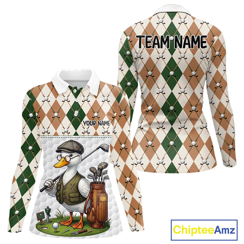 Funny Cool Duck Golf Polo Shirts For Women Green & Brown Argyle Custom White Ball Golf Apparel NYN3122