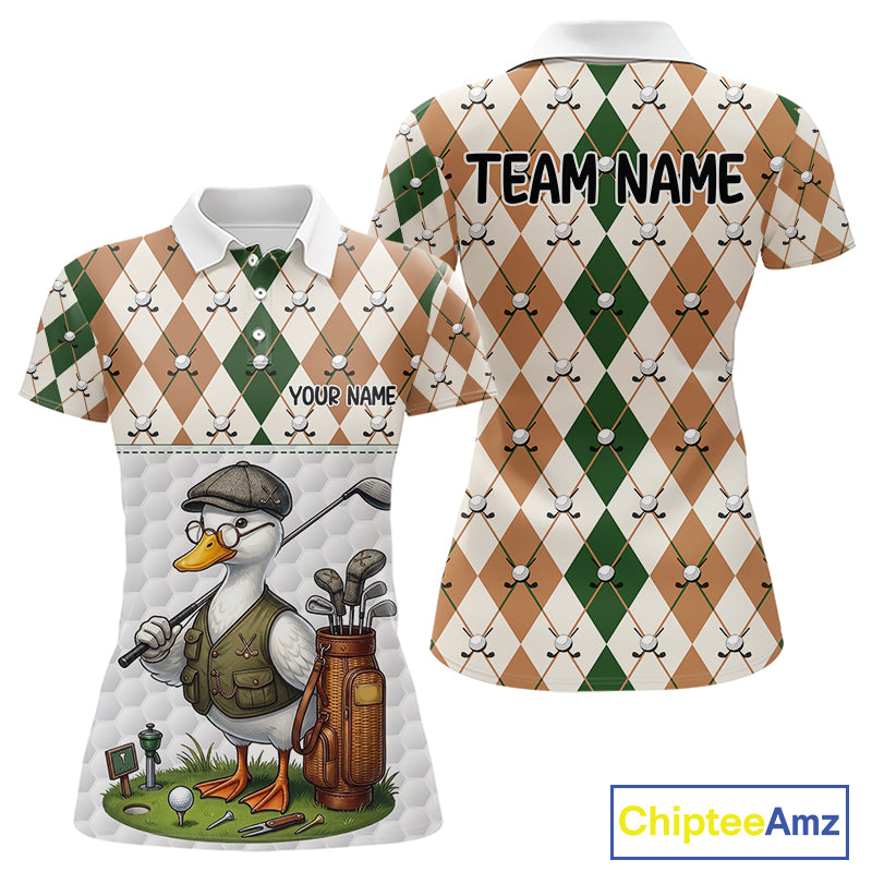 Funny Cool Duck Golf Polo Shirts For Women Green & Brown Argyle Custom White Ball Golf Apparel NYN3122