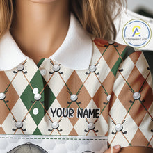 Load image into Gallery viewer, Funny Cool Duck Golf Polo Shirts For Women Green &amp; Brown Argyle Custom White Ball Golf Apparel NYN3122