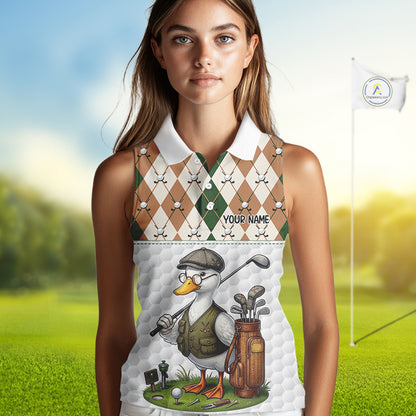 Funny Cool Duck Golf Sleeveless Polo Shirts For Women Green & Brown Argyle Custom White Ball Golf Apparel NYN3122