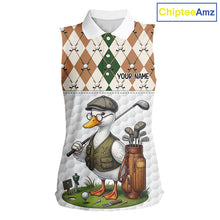 Load image into Gallery viewer, Funny Cool Duck Golf Sleeveless Polo Shirts For Women Green &amp; Brown Argyle Custom White Ball Golf Apparel NYN3122