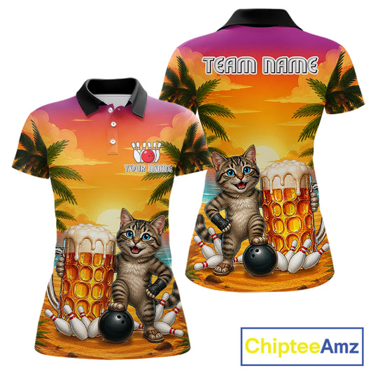 Beer And Cat Funny Women Bowling Polo Shirt Custom Summer Tropical Youth Bowling Shirts 