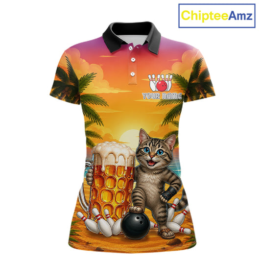 Beer And Cat Funny Women Bowling Polo Shirt Custom Summer Tropical Youth Bowling Shirts 