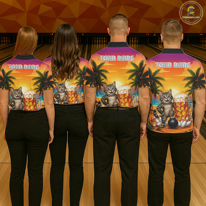 Cheer Beer And Cat Funny Women Bowling Shirt Custom Summer Tropical Youth Bowling Shirts NYN3277
