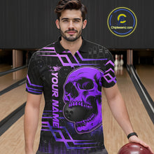 Load image into Gallery viewer, Black And Purple Skull Holding Bowling Ball Shirt For Men Custom Bowling Team Attire NYN3281