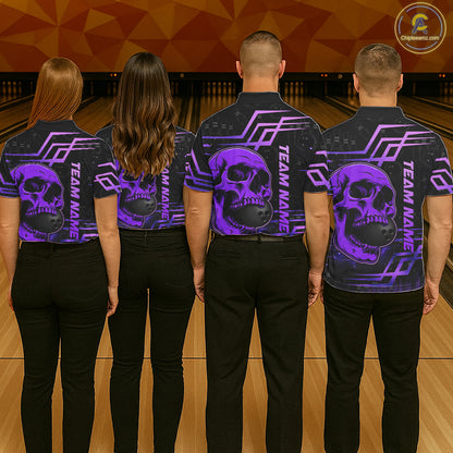 Black And Purple Skull Holding Bowling Ball Shirt For Women Custom Bowling Team Attire NYN3281