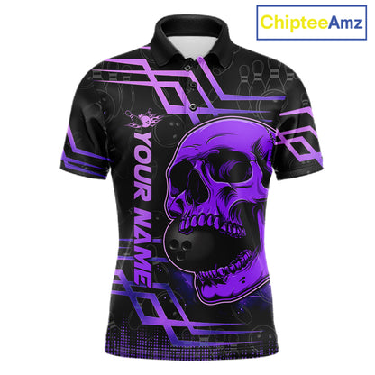 Purple Skull Bowling Ball Shirt For Men Custom Bowling Polo Team Attire