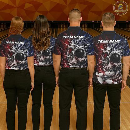Red And Blue Grunge Skull Women Bowling Polo Quarter-Zip Shirt Custom Youth Bowling Team Outfits NYN3285