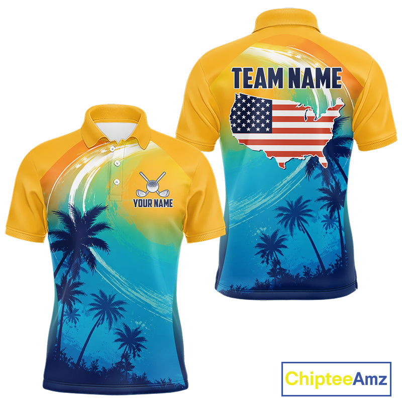 Summer palm trees men's golf polo shirt, personalized US flag golf apparel, tropical golf shirt, golf vacation clothing