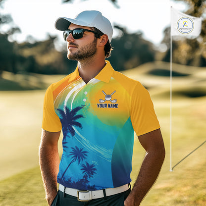 Male golfer wearing summer palm trees golf polo shirt, patriotic golf apparel, tropical golf outfit