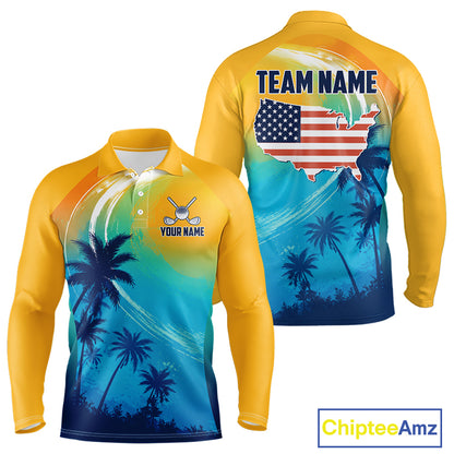 Summer palm trees men's golf long sleeves polo shirt, personalized US flag golf apparel, tropical golf shirt, golf vacation clothing