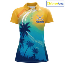 Load image into Gallery viewer, Summer palm trees women's golf polo shirt, personalized US flag golf apparel, tropical golf shirt, golf vacation clothing