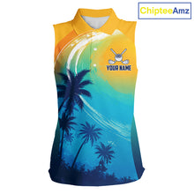 Load image into Gallery viewer, Summer palm trees women's golf polo shirt, personalized US flag golf apparel, tropical golf shirt, golf vacation clothing