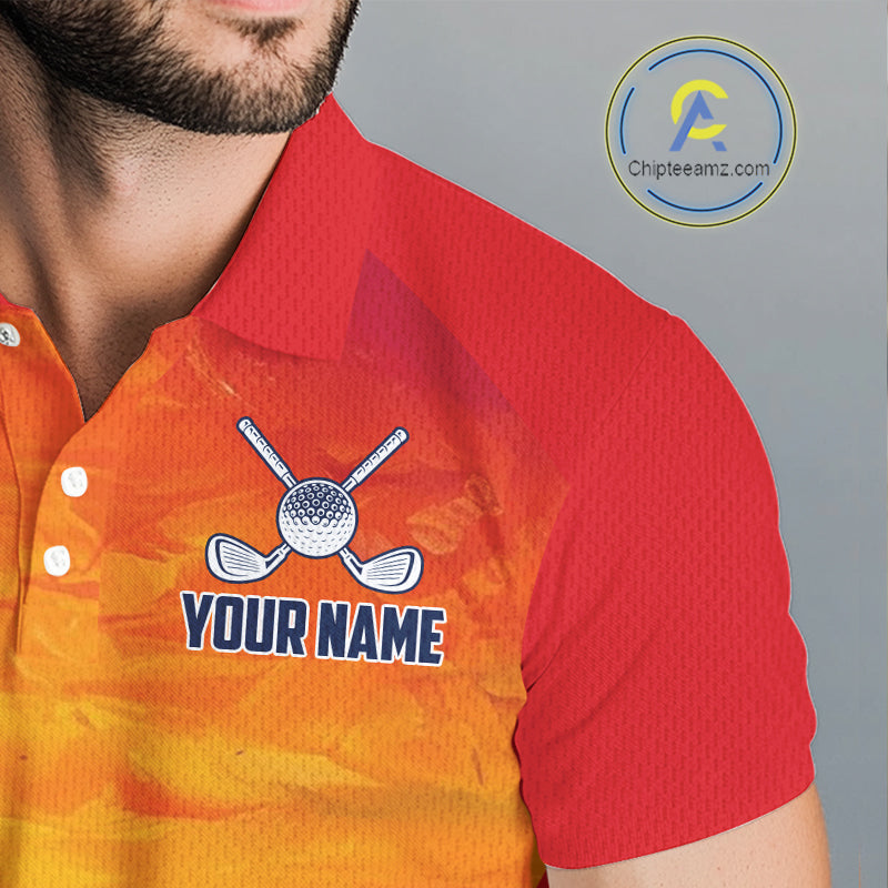 Male golfer wearing palm trees and ocean golf polo shirt, summer golf apparel, beach golf outfit
