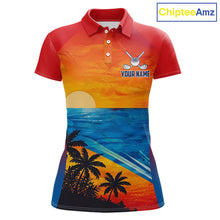 Load image into Gallery viewer, Palm trees and ocean women's golf polo shirt, patriotic golf apparel, beach golf shirt, custom golf team clothing