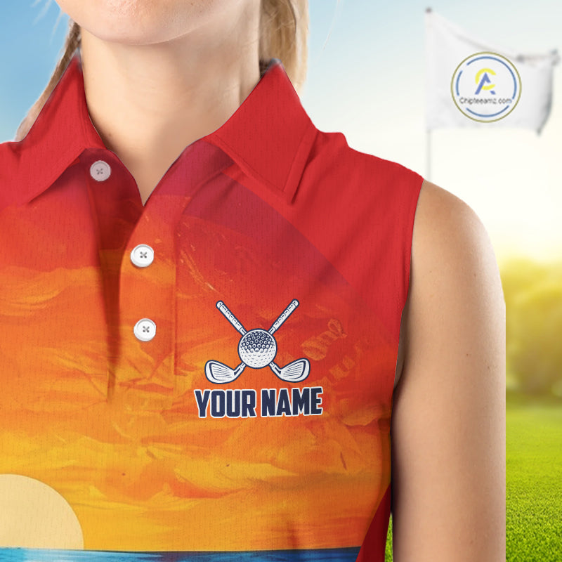 Female golfer wearing palm trees and ocean golf polo shirt, summer golf apparel, beach golf outfit