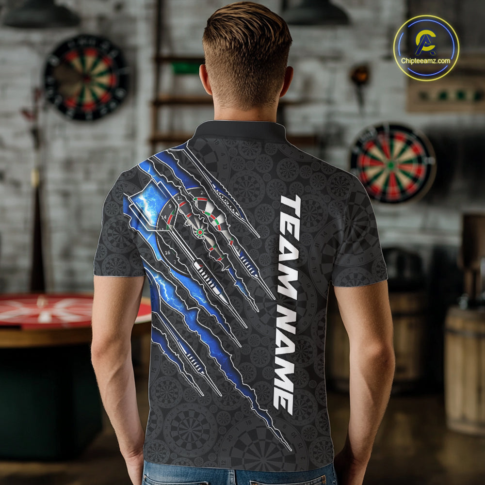 Male model wearing custom thunder lightning blue darts polo shirt, personalized league tournament apparel, electric performance jersey, championship mindset and athletic confidence