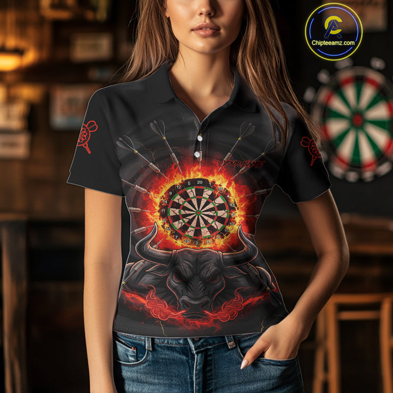Funny Bull Red Flames Dartboard Dart Arrow Custom Women Polo Darts Shirt Dart Gifts NYN2016