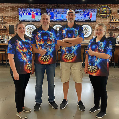 Red And Blue Flames Skull Dartboard Custom Women Darts Polo League Shirts Skull Dart Jerseys NYN2250