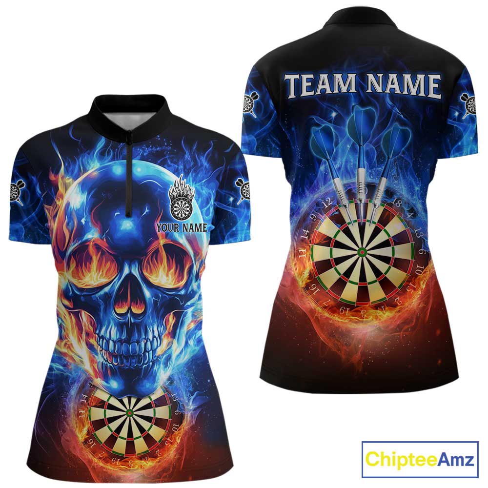 Red And Blue Flames Skull Dartboard Custom Women Darts Quarter-Zip  League Shirts Skull Dart Jerseys NYN2250