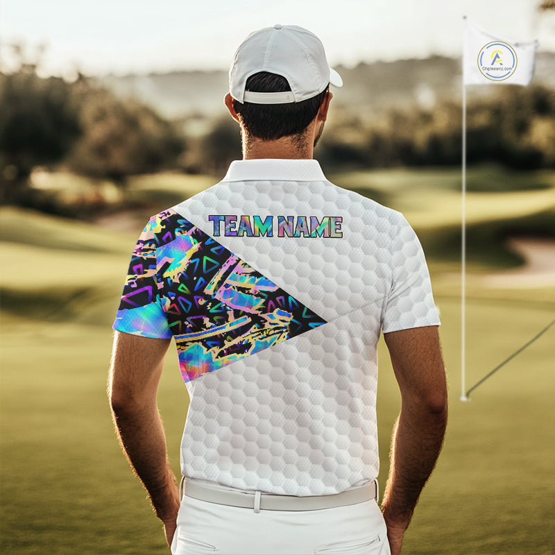 Personalized Mens Golf Polo Shirt Custom Name Holographic And White Golf Ball Golf Attire NYN2912