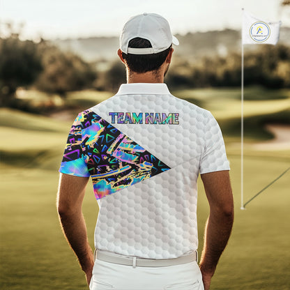 Personalized Mens Golf Polo Shirt Custom Name Holographic And White Golf Ball Golf Attire NYN2912