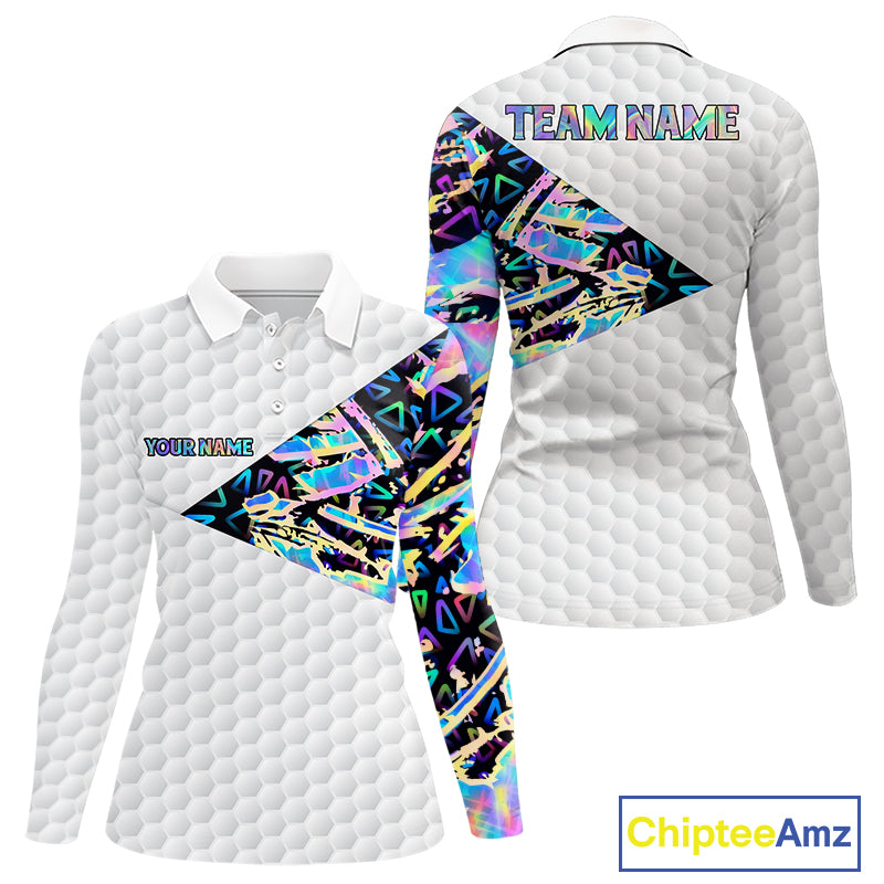 Personalized Womens Golf Polo Shirt Custom Name Holographic And White Golf Ball Golf Attire NYN2912