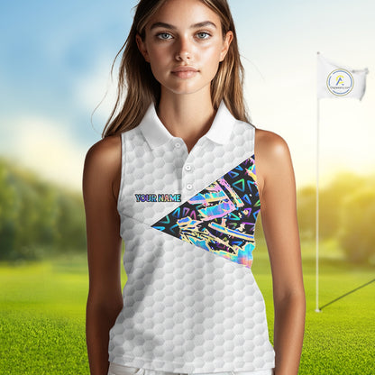 Personalized Womens Sleeveless Golf Polo Shirt Custom Name Holographic And White Golf Ball Golf Attire NYN2912