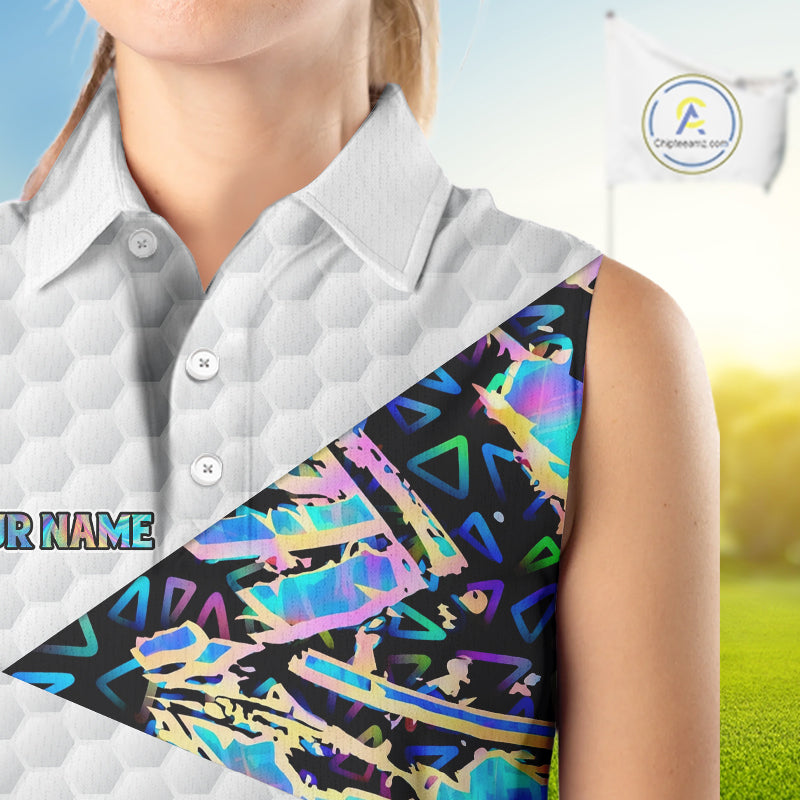 Personalized Womens Sleeveless Golf Polo Shirt Custom Name Holographic And White Golf Ball Golf Attire NYN2912