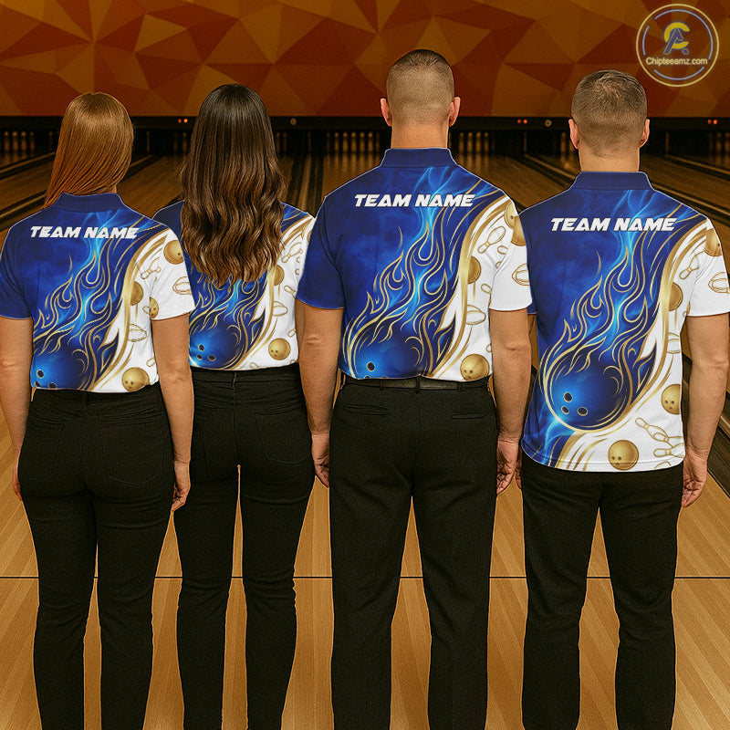 Custom Gold And Blue Flames Bowling Team Jerseys, Bowling League Polo & 1/4-Zip Shirt For Women NYN2917