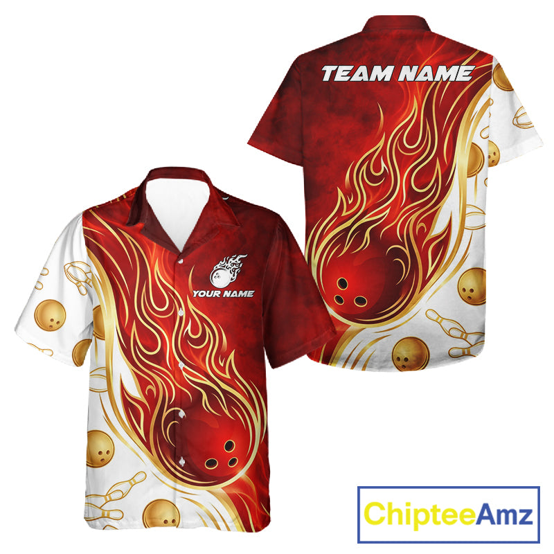 Gold and Red Flames bowling Hawaiian shirt featuring bold flame graphics, custom aloha bowling button-up shirt, tropical summer bowling apparel, personalized team uniform, championship bowling vacation shirt