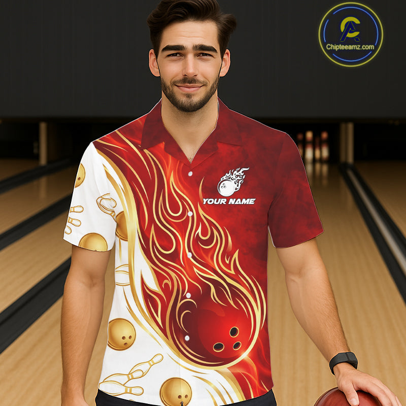 Male and female models wearing Gold and Red Flames bowling Hawaiian shirts, custom bowling team button-up apparel, tropical vacation clothing, resort-style league outfit symbolizing passion, determination, strength and competitive excellence