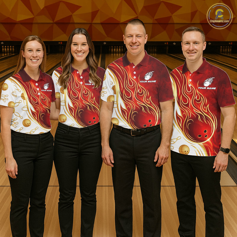 Custom Gold And Red Flames Bowling Team Jerseys, Bowling League Polo & 1/4-Zip Shirt For Men NYN2918