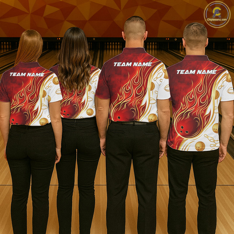 Custom Gold And Red Flames Bowling Team Jerseys, Bowling League Polo & 1/4-Zip Shirt For Men NYN2918