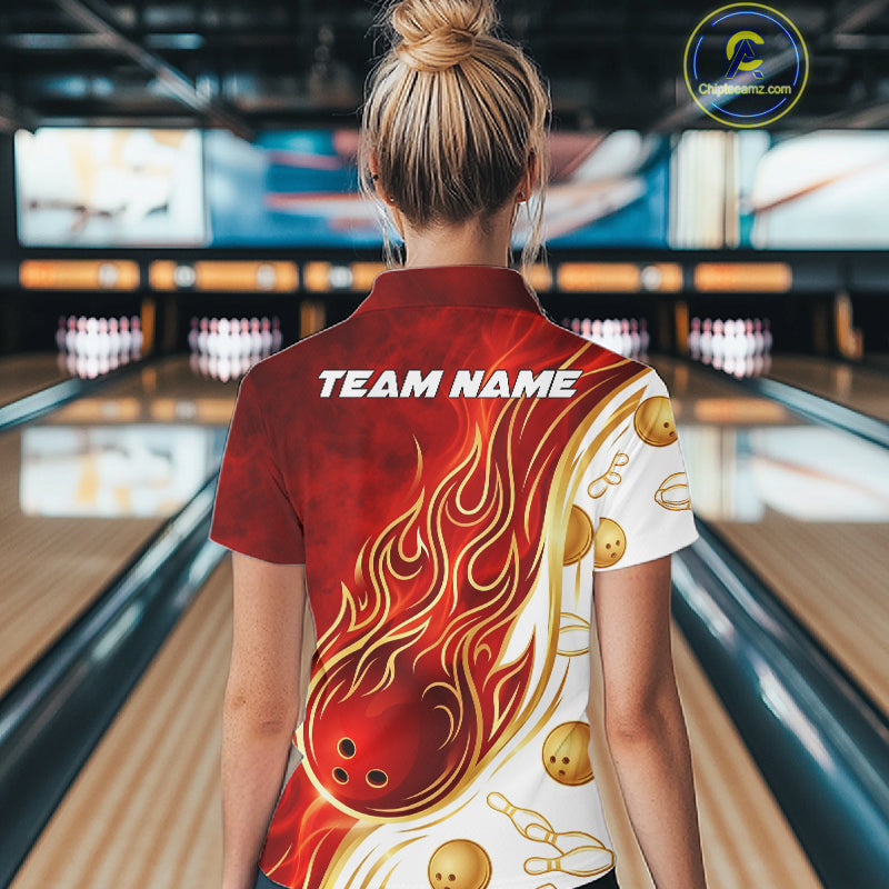 Custom Gold And Red Flames Bowling Team Jerseys, Bowling League Polo & 1/4-Zip Shirt For Women NYN2918