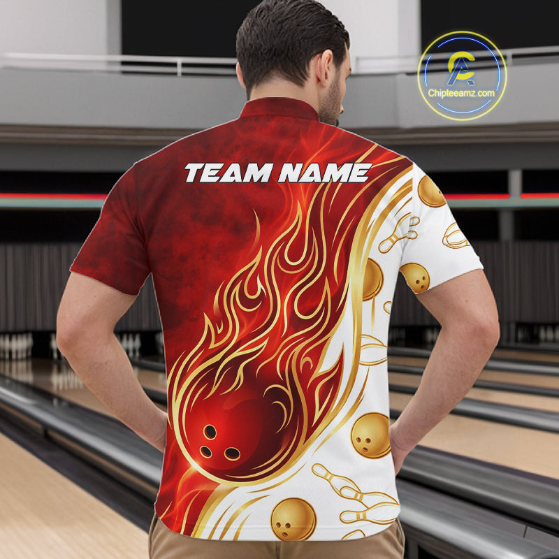 Custom Gold And Red Flames Bowling Team Jerseys, Bowling League Polo & 1/4-Zip Shirt For Men NYN2918