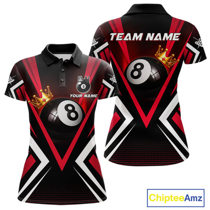 Crown 8 ball black and red women billiard polo shirt custom team design