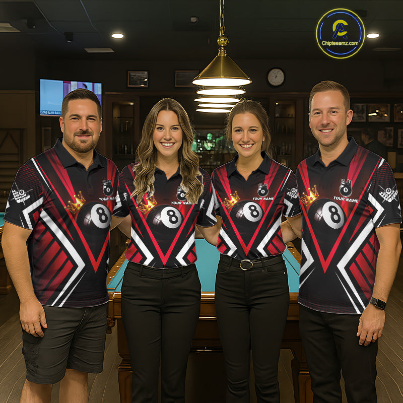 Personalized Crown 8 Ball Pool Black And Red Polo Shirts For Men, Custom Billiard Team Apparel NYN3293