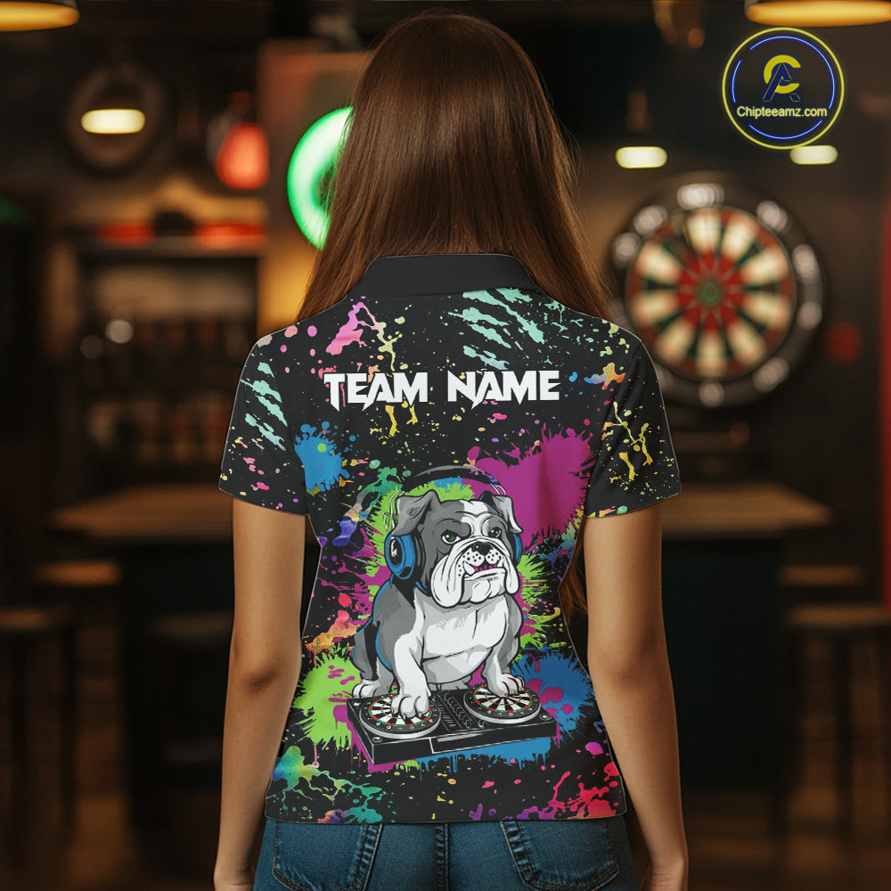 Multi-Color Splatter Funny Bulldog Custom Women Darts Polo League Shirts Dart Team Jerseys NYN2255