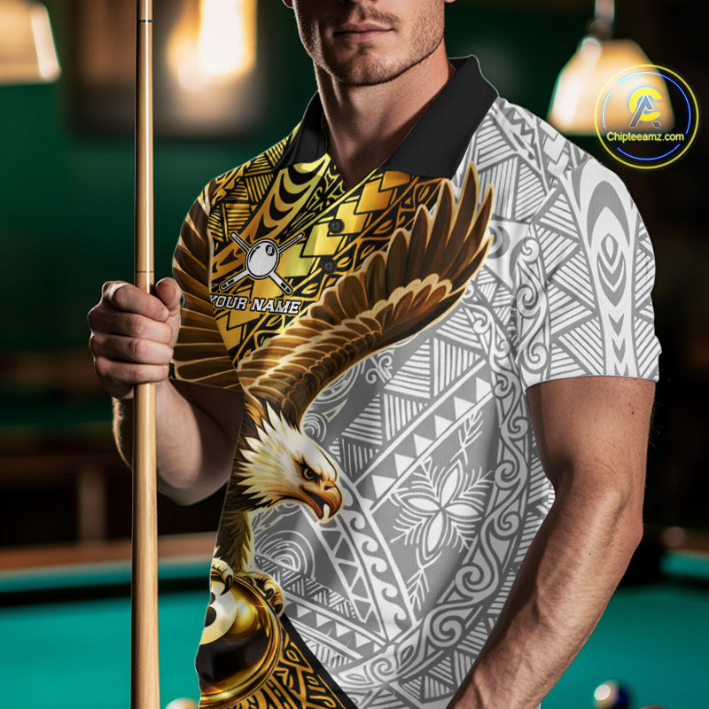 White And Gold Tribal Pattern Billiard Jersey For Men Custom Eagle 8 Ball Billiard Team Shirts NYN2926