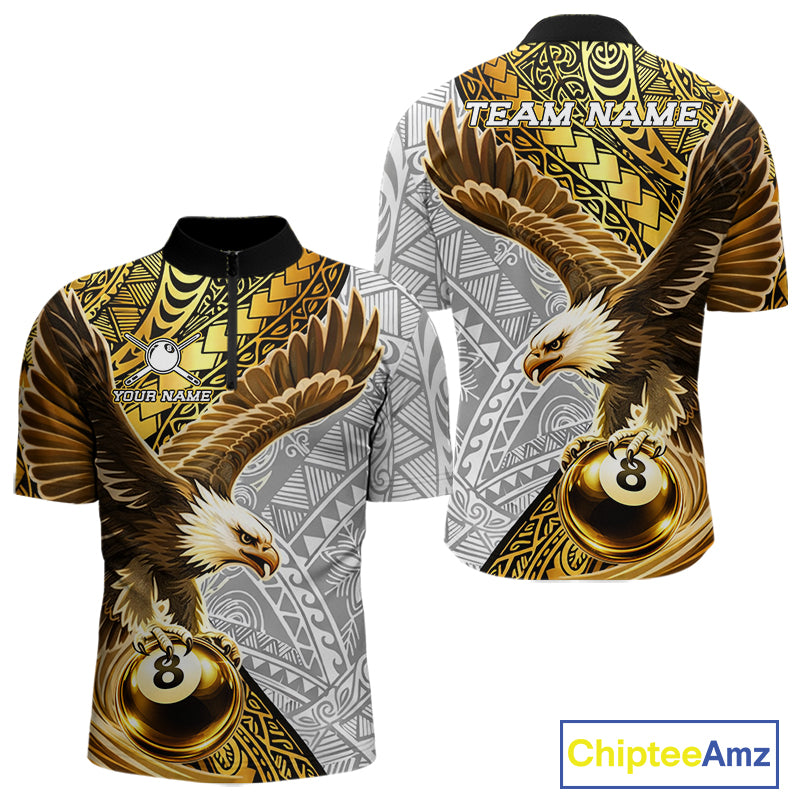 White And Gold Tribal Pattern Billiard Jersey For Men Custom Eagle 8 Ball Billiard Team Shirts NYN2926
