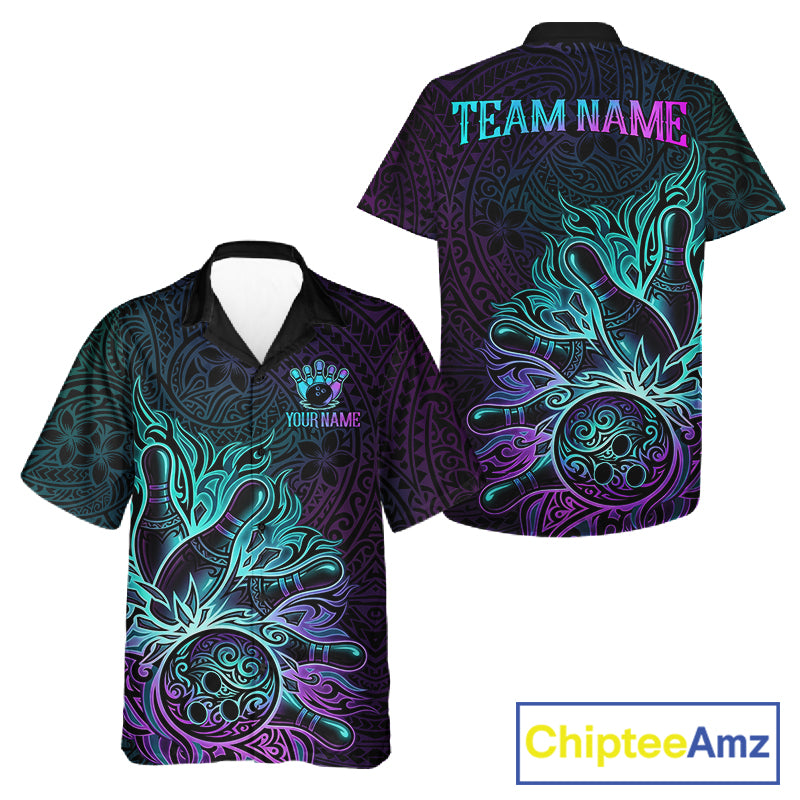 Blue and Purple Tribal Pattern bowling Hawaiian shirt featuring tribal artwork, custom bowling button-up shirt, tropical aloha apparel, personalized league bowling uniform, lightweight summer vacation team shirt