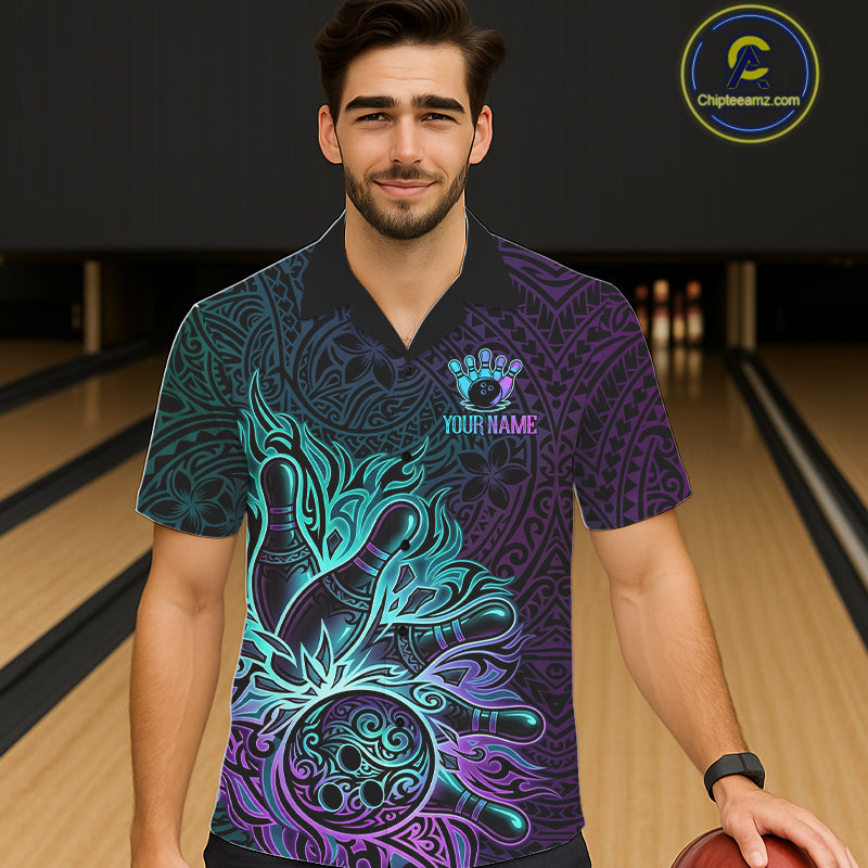 Male and female models wearing Blue and Purple Tribal Pattern bowling Hawaiian shirts, stylish tribal bowling apparel, tropical resort button-up shirts, custom league uniforms inspired by culture, unity, confidence and adventure
