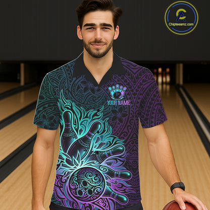 Male and female models wearing Blue and Purple Tribal Pattern bowling Hawaiian shirts, stylish tribal bowling apparel, tropical resort button-up shirts, custom league uniforms inspired by culture, unity, confidence and adventure