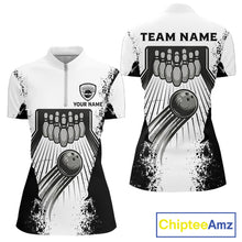 Load image into Gallery viewer, White And Grunge Black Bowling Jerseys For Women Custom Bowling Polo 1/4-Zip Shirt, Gift For Bowlers NYN3127