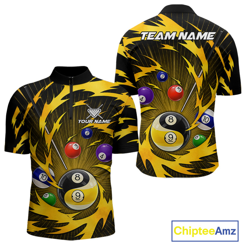 Yellow tornado yin yang billiard 1/4-zip shirt for men with custom 8 ball and 9 ball graphics