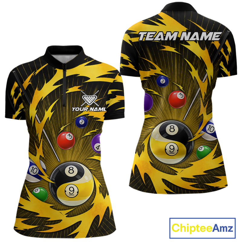 Yellow tornado yin yang billiard 1/4-zip shirt for women with custom 8 ball and 9 ball graphics