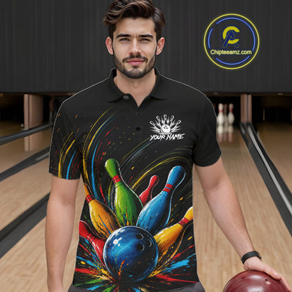 Male bowler wearing splatter colorful bowling ball and pins bowling jersey, custom bowling team shirt, bowling league apparel, tournament bowling outfit
