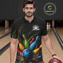 Load image into Gallery viewer, Male bowler wearing splatter colorful bowling ball and pins bowling jersey, custom bowling team shirt, bowling league apparel, tournament bowling outfit